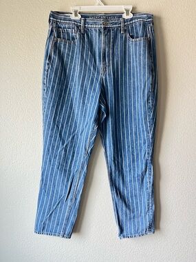 AE Women’s Blue Retro Railroad Pinstripe High Waisted Mom Jeans Western Crop